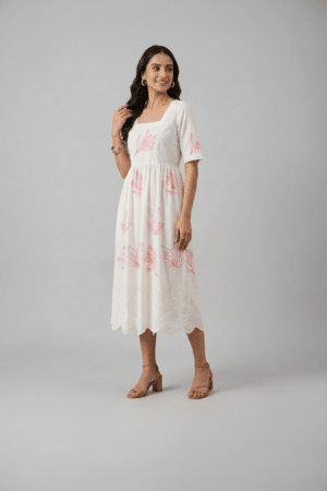 white floral midi dress for women with pink print
