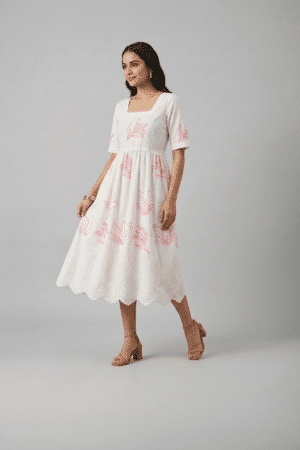 white floral midi dress for women with pink print