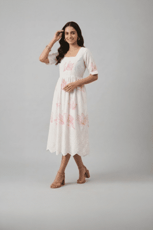 white floral midi dress for women with pink print