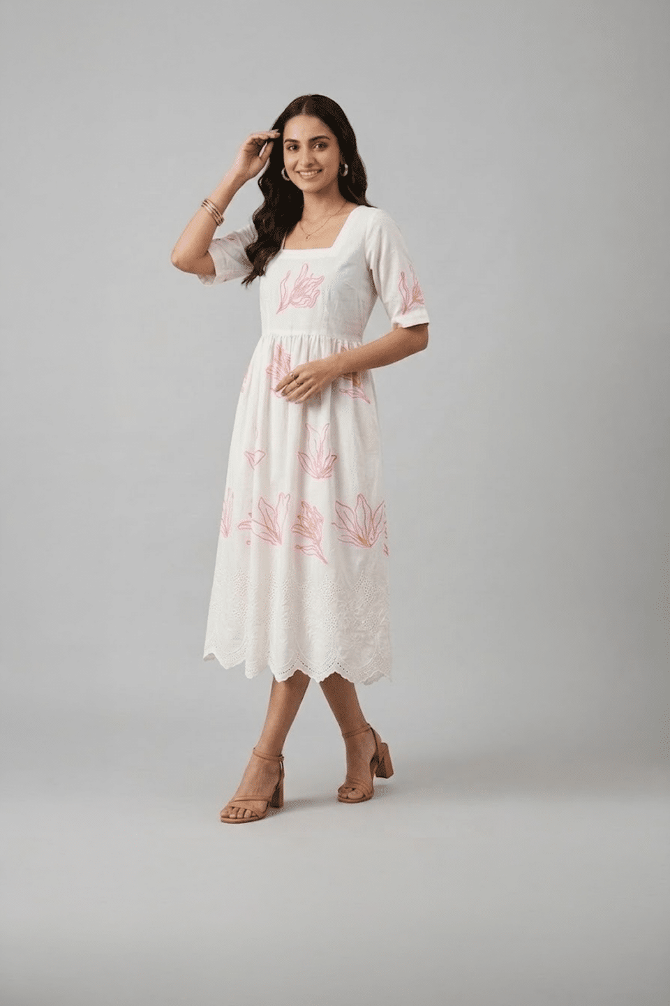 white floral midi dress for women with pink print