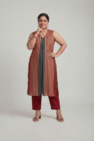 Striped kurti set for women with sleeveless kurta and straight pants