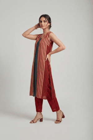 Striped kurti set for women with sleeveless kurta and straight pants