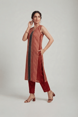 Striped kurti set for women with sleeveless kurta and straight pants