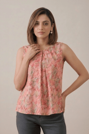Peach Floral Pleated Top with sleeveless design and soft leaf print