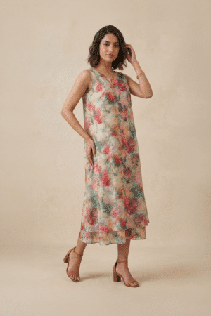 Floral Midi Dress with multicolour floral print and flowy layered hem