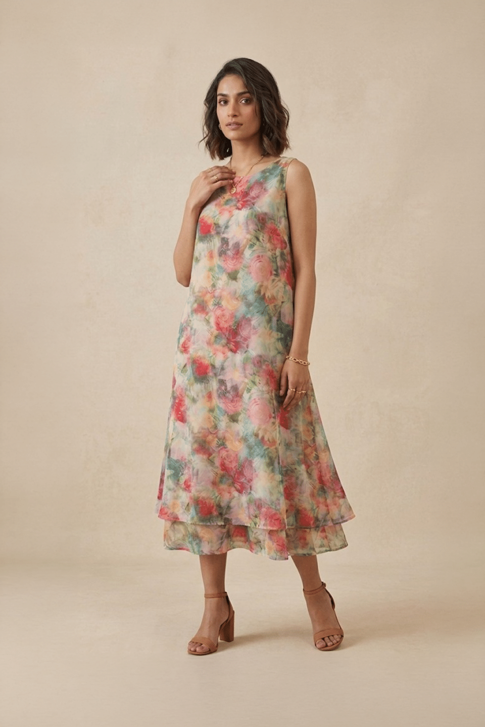Floral Midi Dress with multicolour floral print and flowy layered hem