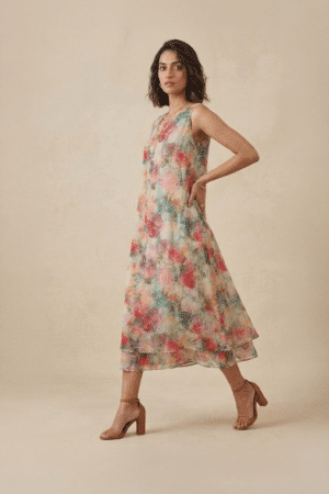 Floral Midi Dress with multicolour floral print and flowy layered hem