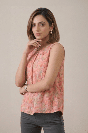 Peach Floral Pleated Top with sleeveless design and soft leaf print