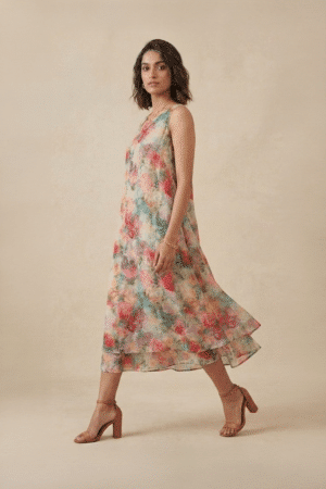 Floral Midi Dress with multicolour floral print and flowy layered hem