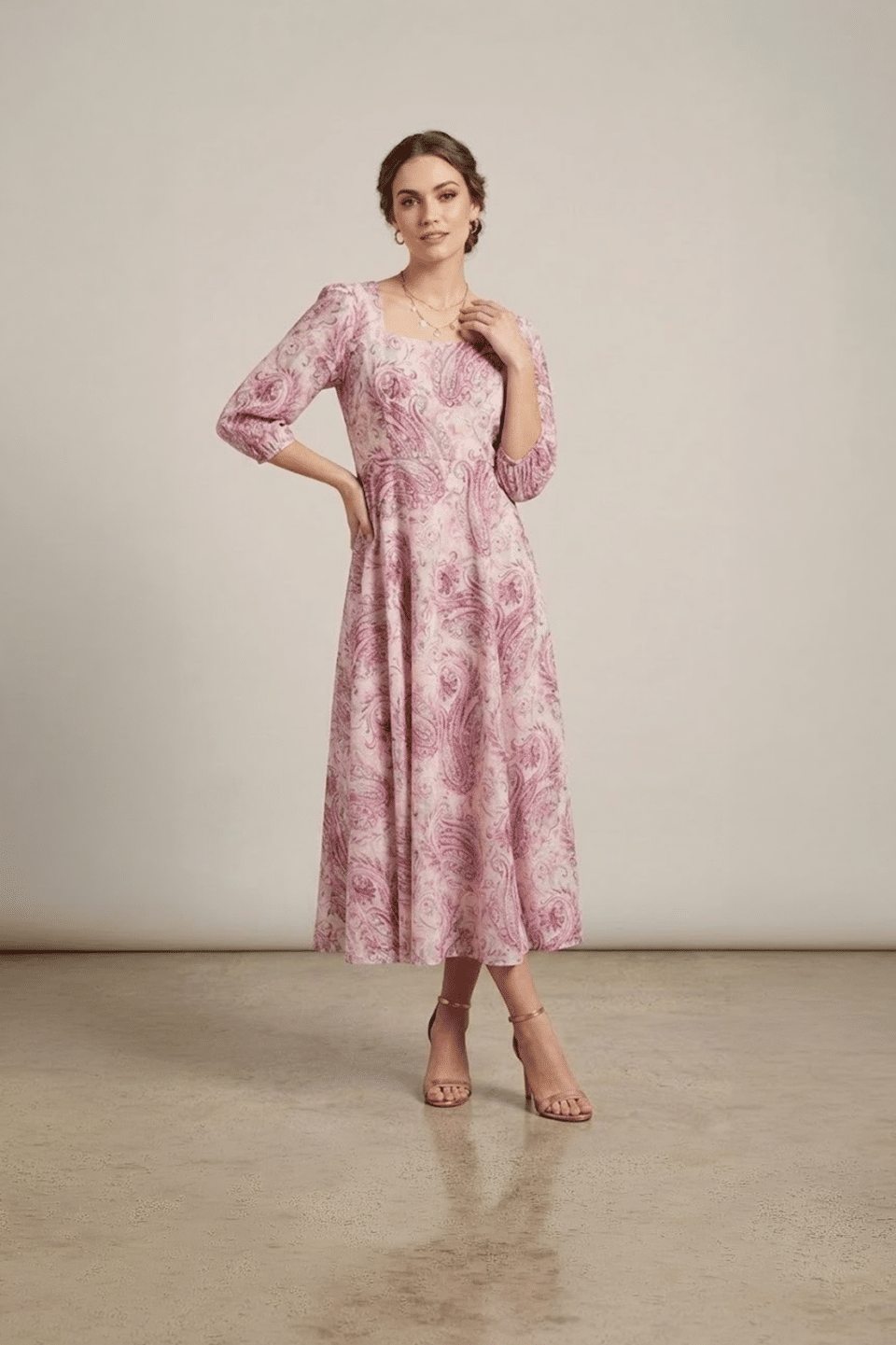 Pink paisley midi dress for women with flared silhouette and three quarter sleeves