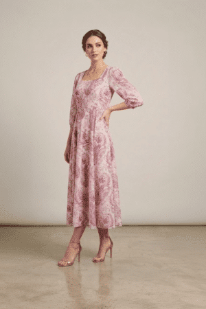 Pink paisley midi dress for women with flared silhouette and three quarter sleeves
