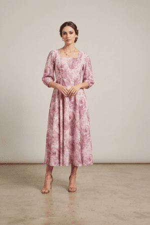 Pink paisley midi dress for women with flared silhouette and three quarter sleeves
