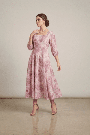 Pink paisley midi dress for women with flared silhouette and three quarter sleeves