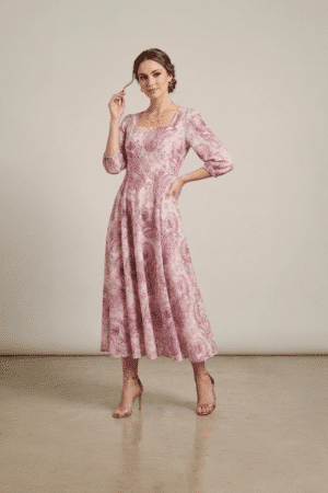 Pink paisley midi dress for women with flared silhouette and three quarter sleeves
