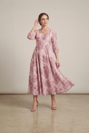 Pink paisley midi dress for women with flared silhouette and three quarter sleeves