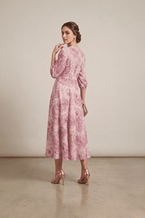 Pink paisley midi dress for women with flared silhouette and three quarter sleeves