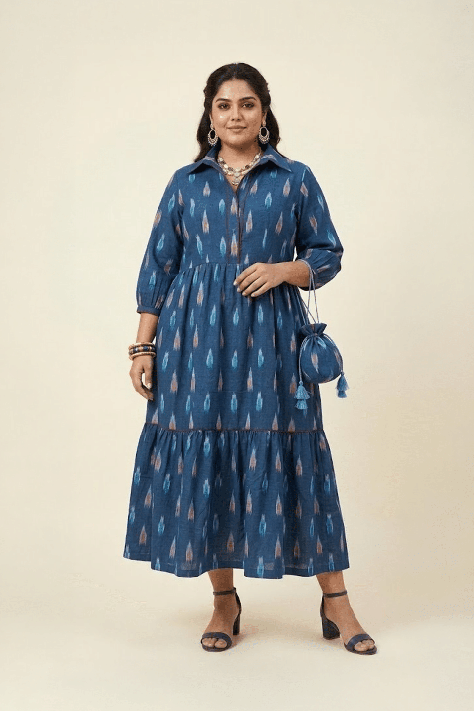 Indigo Ikat Cotton Plus Size Midi Dress with Potli Bag