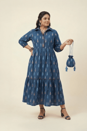 Indigo ikat midi dress for women in cotton with tiered silhouette