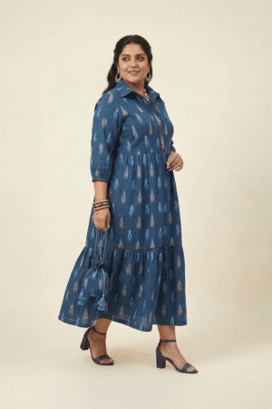 Indigo ikat midi dress for women in cotton with tiered silhouette