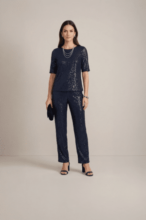 navy blue sequin co ord set for women with top and pants