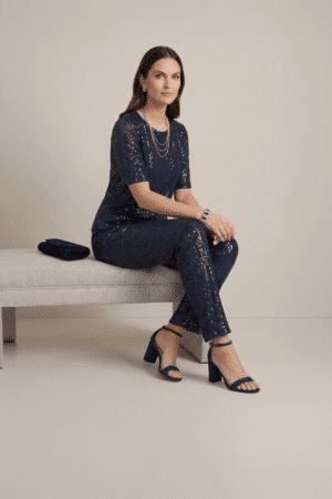 navy blue sequin co ord set for women with top and pants