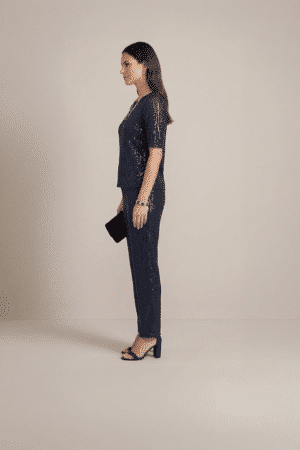 navy blue sequin co ord set for women with top and pants