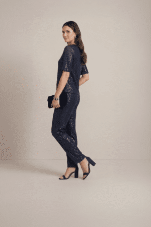 navy blue sequin co ord set for women with top and pants