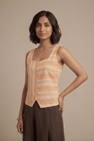 Orange Striped Top with square neckline and sleeveless design