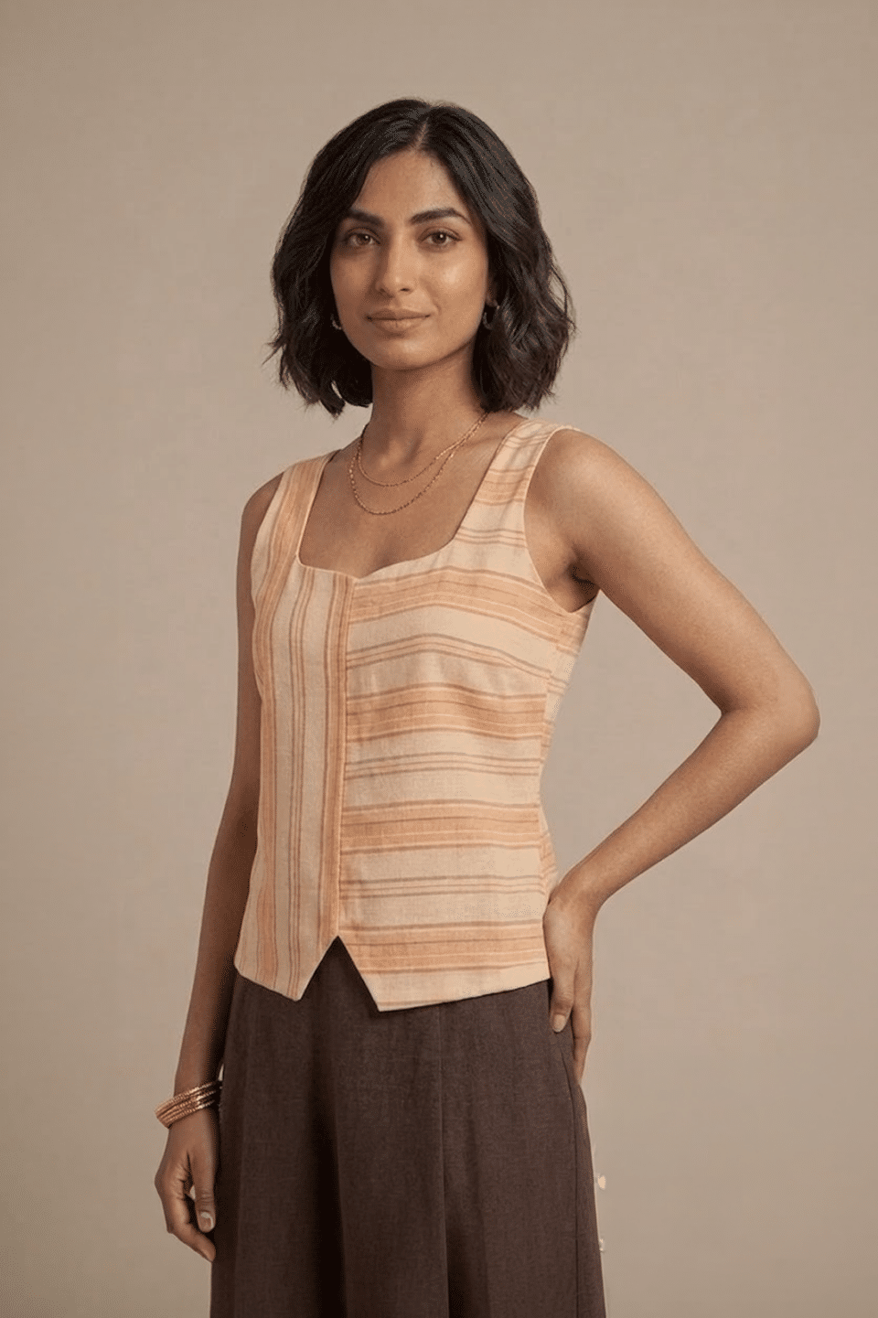 Orange Striped Sleeveless Cotton Top