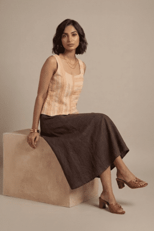 Orange Striped Top with square neckline and sleeveless design