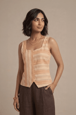 Orange Striped Top with square neckline and sleeveless design