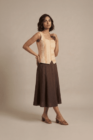 Orange Striped Top with square neckline and sleeveless design