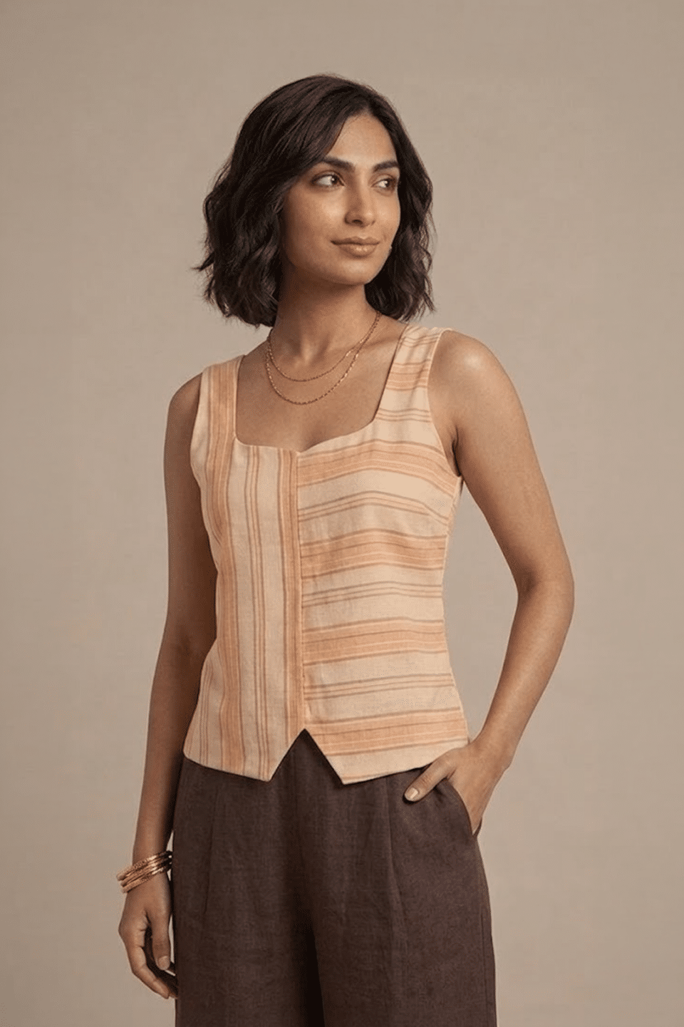 Orange Striped Top with square neckline and sleeveless design