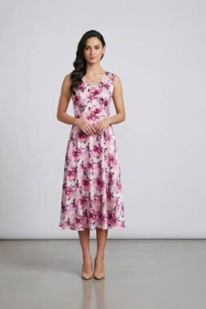 Pink floral linen-satin midi dress, full-length front view