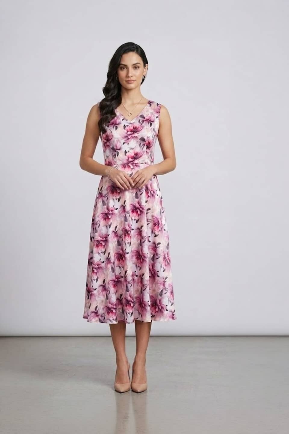 Pink floral linen-satin midi dress, full-length front view