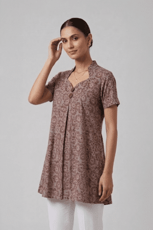 Mauve Floral Cotton Tunic with short sleeves and V-neckline