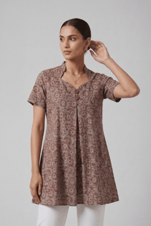 Mauve Floral Cotton Tunic with short sleeves and V-neckline