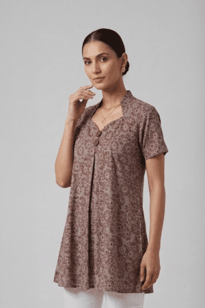 Mauve Floral Cotton Tunic with short sleeves and V-neckline