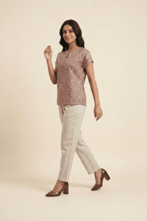 Beige Floral Cotton Top styled with cream trousers