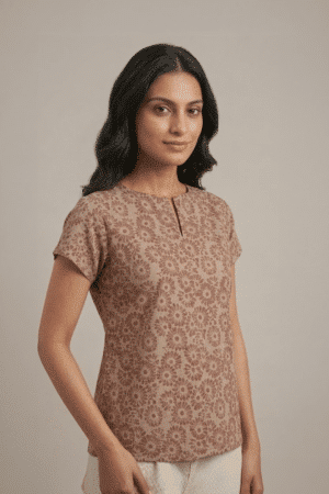 Beige Floral Cotton Top styled with cream trousers