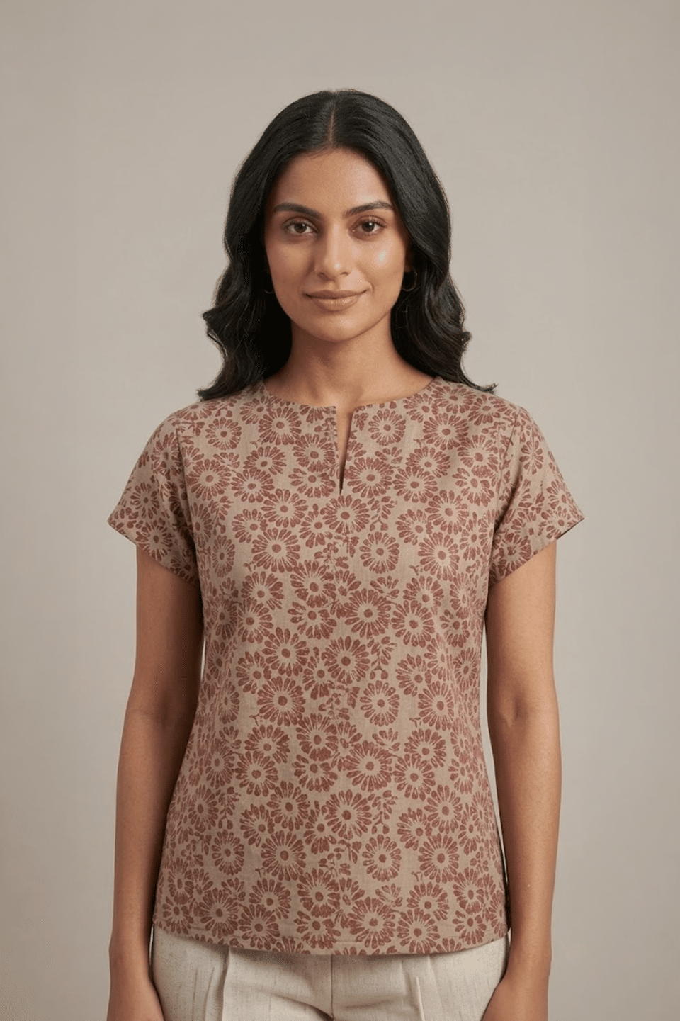 Beige Floral Ajarkh Cotton Top