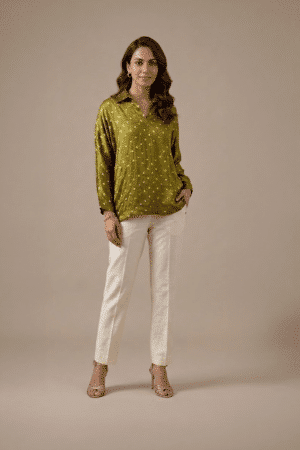 Olive Green Bandhani Top with white trousers