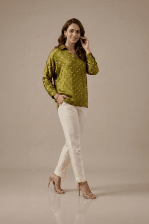 Olive Green Bandhani Top with white trousers