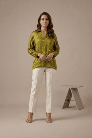 Olive Green Bandhani Top with white trousers