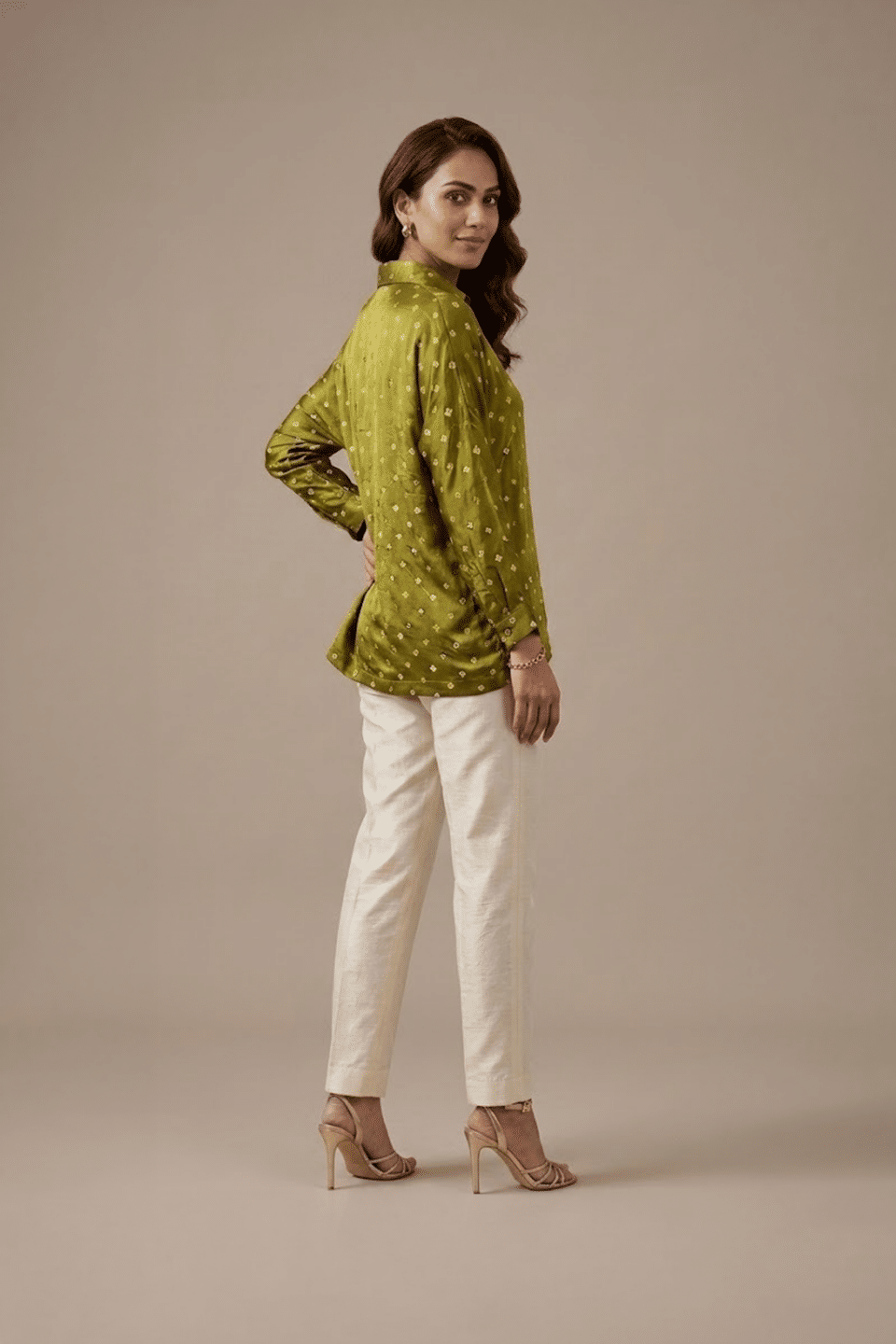 Olive Green Bandhani Top with white trousers