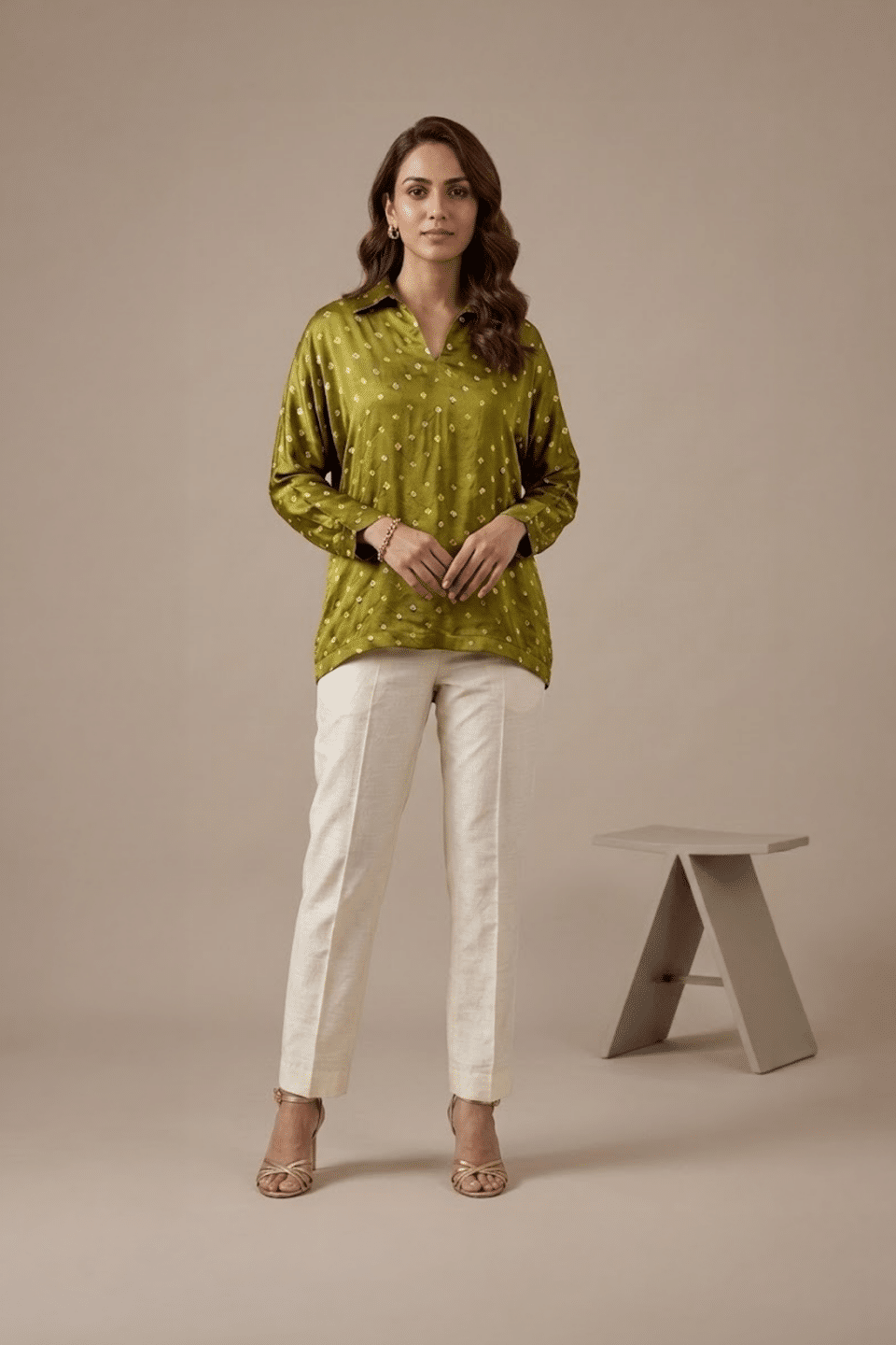 Olive Green Bandhani Silk Shirt Top for Women