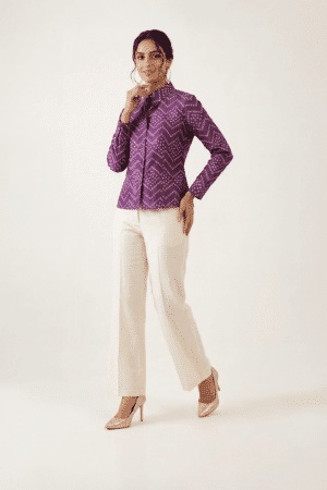 Purple bandhani top with high collar and full sleeves