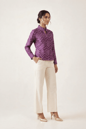 Purple bandhani top with high collar and full sleeves