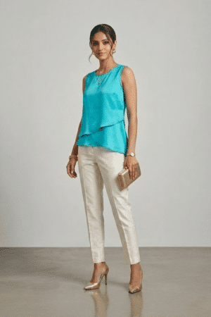 Turquoise sleeveless top with layered asymmetric hem