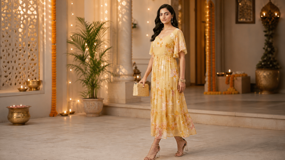 Woman wearing a yellow floral Indo-Western dress in an elegant festive setting